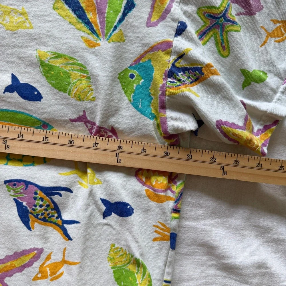 80's Cotton Connection Tropical Fish Set White Short Sleeve Shorts Womens M
